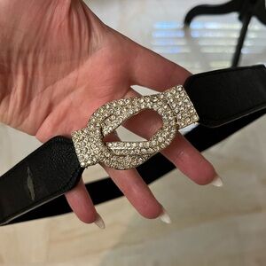 Women’s Elastic Belt w/ Crystal Rhinestone Buckle and Black Faux Leather
